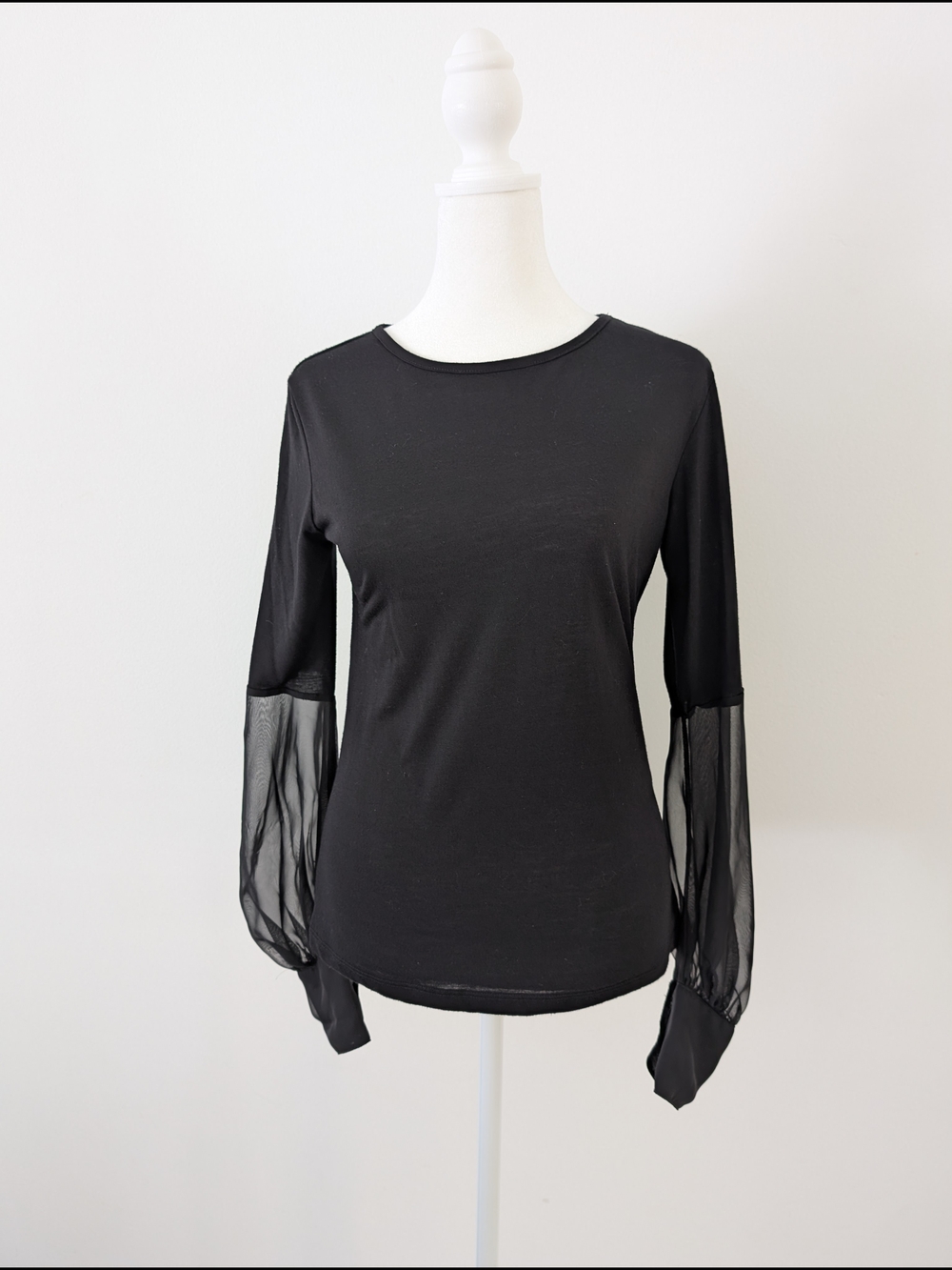 Newport News Top Women M Black Sheer Sleeve Puffy Long-Sleeve Crewneck Casual
